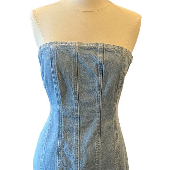 Asos Strapless Denim Mini Dress With Slit Hem - Picture 3 of 13